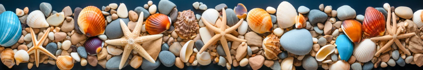 Fotobehang Top-Down Shot of Beach Sand, Sea Stones, and Shells © EwaStudio