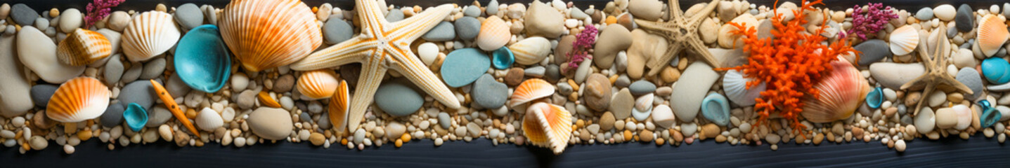 Obraz premium Top-Down Shot of Beach Sand, Sea Stones, and Shells