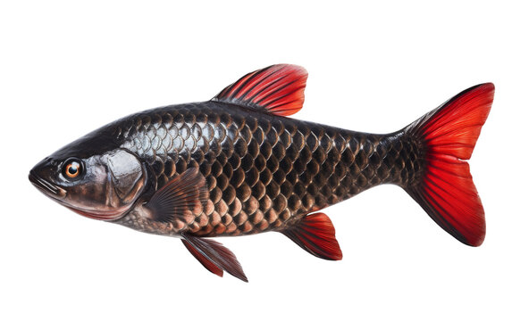 A black and red fish gracefully swims against a clean white background