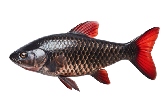 A black and red fish gracefully swims against a clean white background