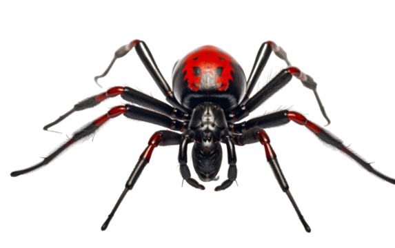 A vibrant red and black spider gracefully crawls on a clean white background