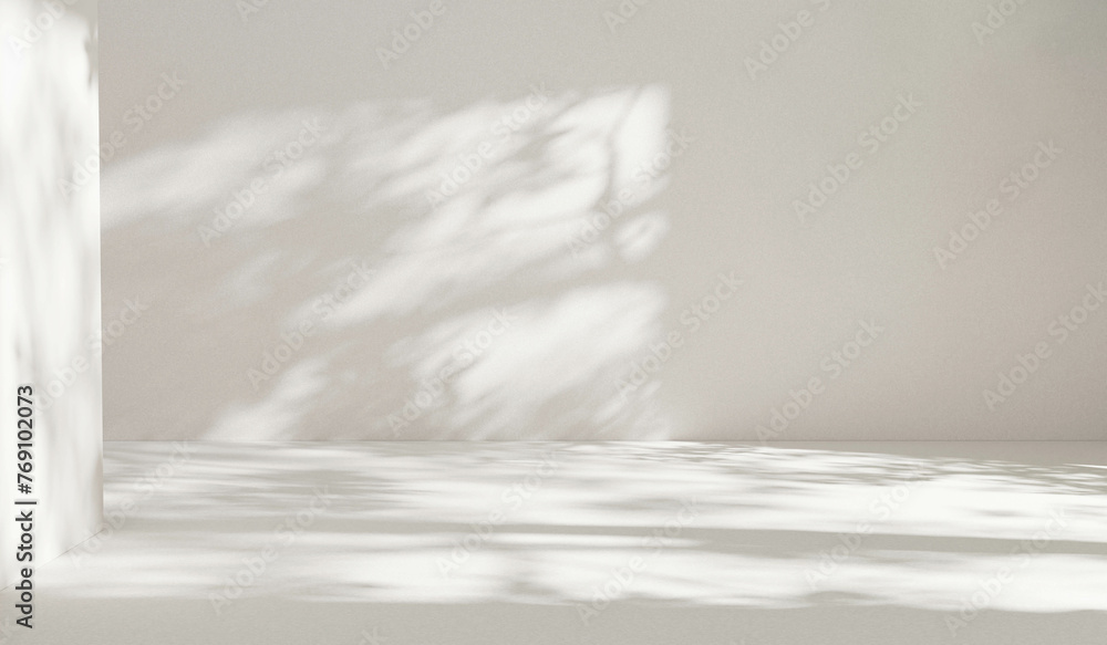 Poster empty white studio room light background, sunlight and shadows summer background leafs and trees sha