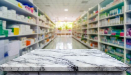 Obraz premium Clinical Chic: White Marble Counter Against Pharmacy Shelves Blur