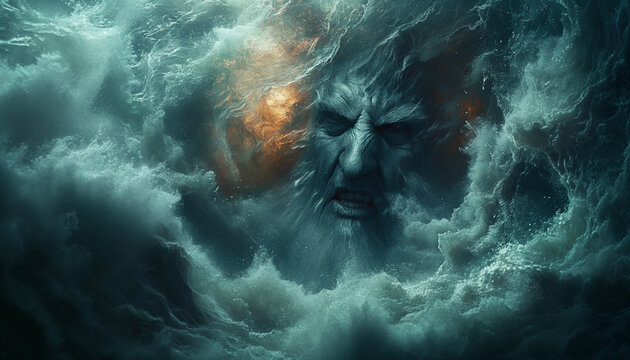 The face of a god in the ocean. The water god Poseidon. The wrath of god