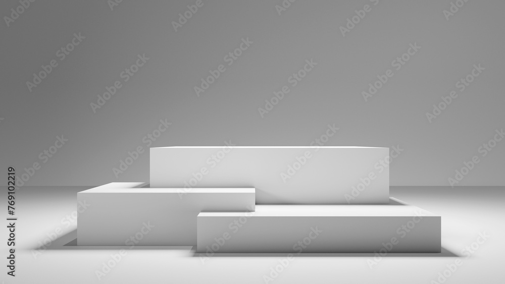 Poster white abstract studio stage podium background forms - product placement display white steps with spotlight and gray background, table stage for products and design geometrical forms white background