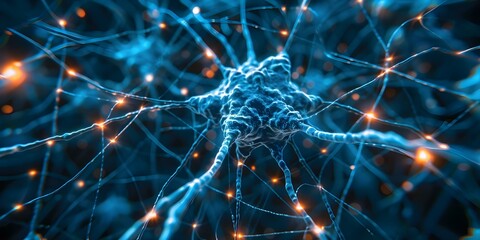 A closeup of interconnected neurons in the brain illustrating critical thinking and information processing in the nervous system. Concept Brain Neurons, Neural Network, Critical Thinking - obrazy, fototapety, plakaty
