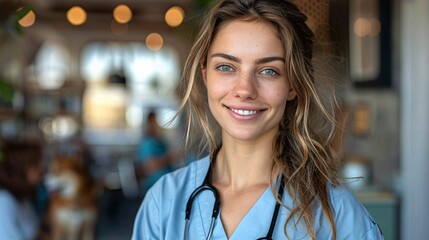 A female healthcare professional with a stethoscope in a blue scrub smiling