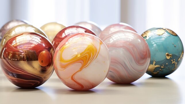 Luxury marble balls with fluid art pastel color and golden lines on a white floor.