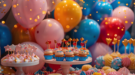 birthday cake with cupcakes and balloons, kids birthday party fun decoration and sweets