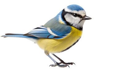 Obraz premium A striking blue and yellow bird perched gracefully on a clean white surface