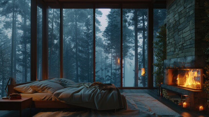 Cozy Bedroom with a Forest View and a Fireplace