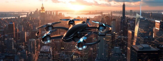 futuristic manned roto passenger drone flying in the sky over modern city for future air transportation and robotaxi concept as wide banner with copy space area -