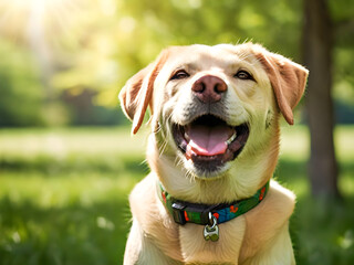 A Labrador Retriever with a wide joyful smile, tongue lolling out in happiness