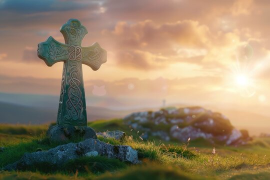 Celtic cross on graveyard with sunshine in the sky. Heavenly light behind ancient symbol of faith. AI Generated