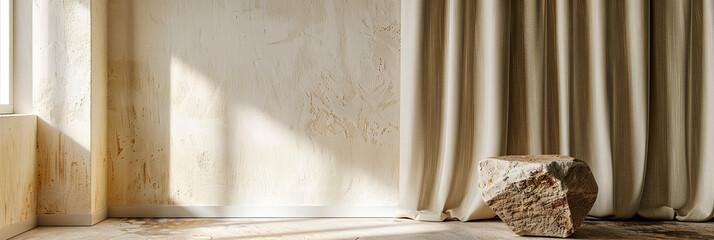 Serene Room Interior, Sunlit White Walls and Wooden Floor, Minimalistic Design and Decor