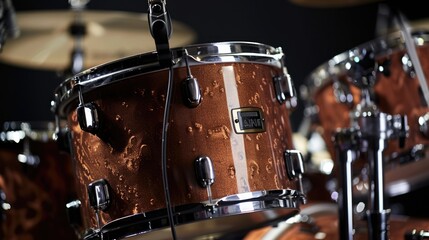 Brown drum set closeup on black background. Musical drum kit in studio. AI Generated 