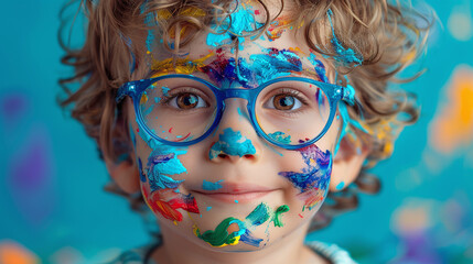 portrait of boy toddler with painted face, birthday party creative activity, fun for kids