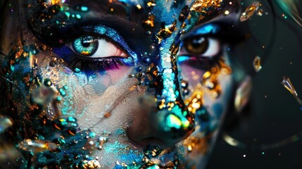 A close-up of a person with artistic, metallic makeup - obrazy, fototapety, plakaty