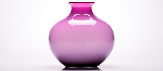 A striking purple glass vase is placed on a sleek black base, contrasting beautifully against a plain white background
