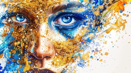An artistic portrait with vibrant blue eyes amidst splashes of gold and blue paint