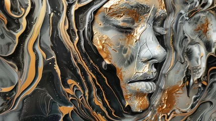 Fotobehang This is an abstract art piece featuring a swirling mix of black and gold colors that suggests the presence of a human face © StasySin
