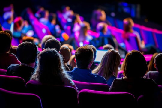 Back view of an engaged audience at a colorful live event with stage lights illuminating the performers.