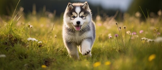 A young sled dog breed, resembling a wolf, frolics through a grassy field. This carnivorous terrestrial animal with whiskers belongs to the Sporting Group