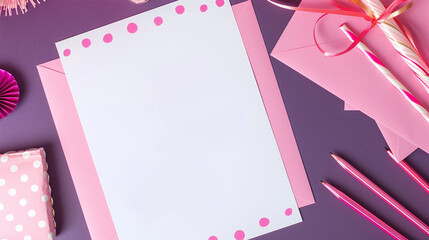 top view of sheet of white paper on purple background, blank birthday invitation, space for text