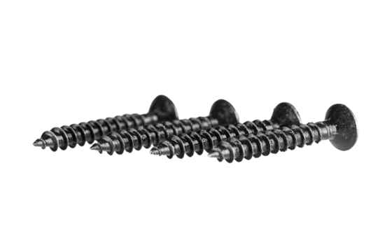 black wood screws on isolated white background close up