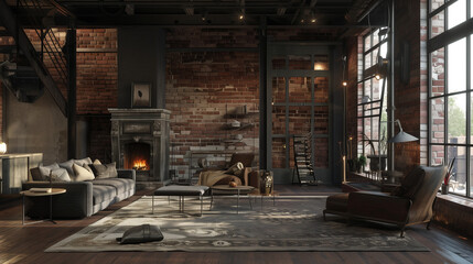 Fototapeta na wymiar living room with fireplace interior of a house with rustic furniture