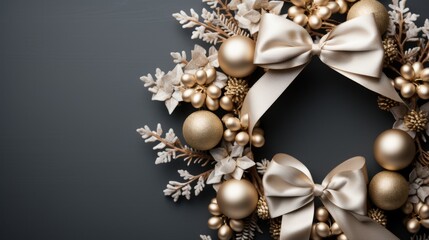 Elegant Golden Christmas Wreath With Bows and Ornaments Against a Dark Background