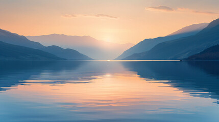 Fototapeta na wymiar Tranquil Sunset Horizon Over Serene Lake and Silhouetted Mountains - A Peaceful Nature Escape
