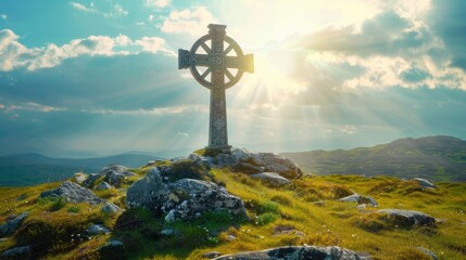 Celtic cross on a hill with sunshine in the blue sky. Heavenly light behind ancient symbol of faith. AI Generated - obrazy, fototapety, plakaty