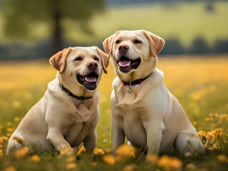 Two Labrador Retrievers dog happy expressions moment