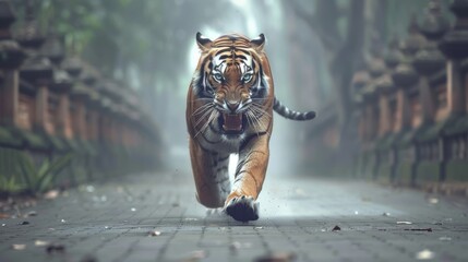  a tiger running down a street in front of a group of pagodas on either side of the road, with trees in the background. - obrazy, fototapety, plakaty