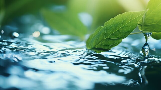 Clean water on blurred greenery background. Natural landscape concept.
