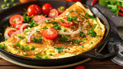 Omelette with Tomatoes, Onions, and Herbs in a Cast Iron Skillet