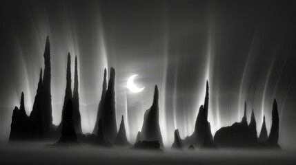  a black and white photo of a full moon in the night sky over a group of trees and rock formations.