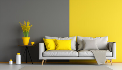 Bright yellow and gray living room interior with sofa coffee table plant and decoration
