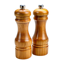 Two wood pepper grinder, isolated on transparent background.