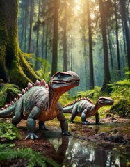 Dino Excursion: Group of Small Dinosaurs Trekking Through Woods