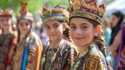Children participating in an Assyrian New Year's procession, wearing crowns and robes reminiscent of ancient Assyrian royalty.