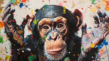 Chimpanzee engages in creative expression, playful and vibrant artwork depicting primate's imagination. Expressive animal portrait in a contemporary style. Art therapy concept capture. AI