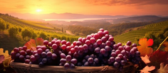 A basket filled with ripe grapes is placed on top of a wooden table. The scene captures the essence...