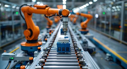 Orange robotic arms equipped with precision tools on a conveyor belt in a modern automation factory