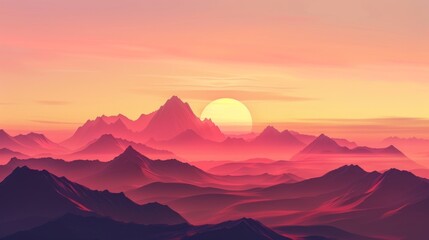 Serene Sunset Over Jagged Mountain Peaks With Vibrant Pink and Orange Sky
