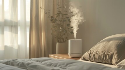 Humidifier Emitting Steam in a Cozy Bedroom During a Sunny Morning