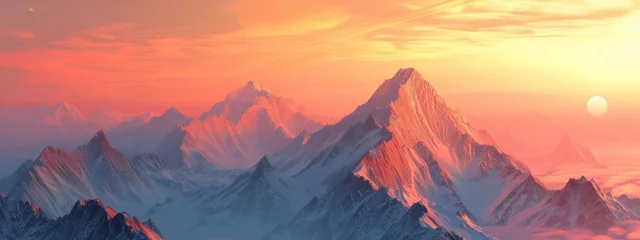 Fotobehang Majestic Sunset Over Snow-Capped Mountain Peaks Under a Vibrant Sky © Olga