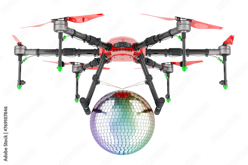 Poster drone with mirror disco ball, 3d rendering isolated on transparent background