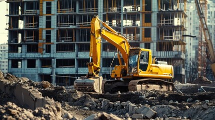 Excavator on the background of a new residential building. Excavation work and construction industry